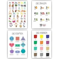 Tigerlino Poster 4er Set ABC, Zahlen, Formen, Farben Lernposter Kinderzimmer Alphabet