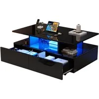 Merax Couchtisch hochglanz Sofatisch Beistelltisch mit LED-Beleuchtung (90x55x41 cm), Wohnzimmertisch mit 2 Schubladen und Stauraum inkl. Fernbedienun