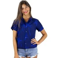 King Kameha Hawaiihemd Palmshadow Funky Hawaiibluse Damen Kurzarm Front-Tasche Stylish