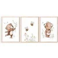 Pipapier Poster 3er Posterset "Bären und Bienen" Kinderzimmer, Bilderset, Bilder mit Blumen, Tierposter für Babyzimmer