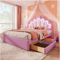 Flieks Polsterbett, LED Kinderbett mit krone-Form Prinzessinnenbett 140x200cm 2 Schubladen