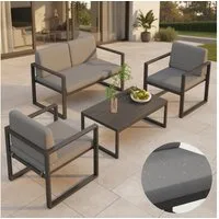 Mucola Gartenlounge-Set Sitzgruppe Aluminium Gartenset wetterfest Essgruppe Grau Lounge, (Set, 4-tlg., Möbelset bestehend aus 2er Sitzer Sofa, 2 Sessel und Beistelltisch), wasserabweisende Kissen mit Bändern zum Befestigen am Sessel