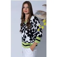 Passioni 3/4 Arm-Pullover mit Blumenprint und Streifen Rundhals-V-Ausschnitt, 3/4 Ärmel