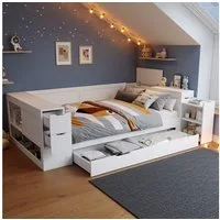 Flieks Kinderbett, Stauraumbett Daybett 140x200cm mit Schubladen, Regalen und Nachttisch