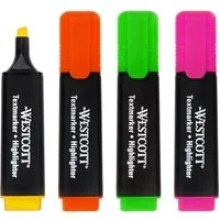 WESTCOTT Marker Textmarker 4 Stück Mix, Highlighter in 4 leuchtenden Farben, (Vorteilspack, 4-tlg., Grün, Gelb, Orange, Pink), 2-5 mm Strichstärke, Premium Tinte aus Deutschland