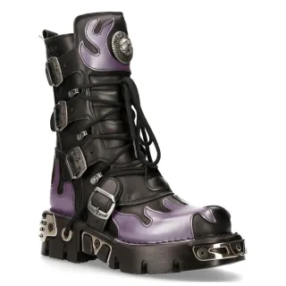 New Rock Flame Akzentuierte schwarz/rote Leder-Biker-Totenkopfstiefel – M-591-S5