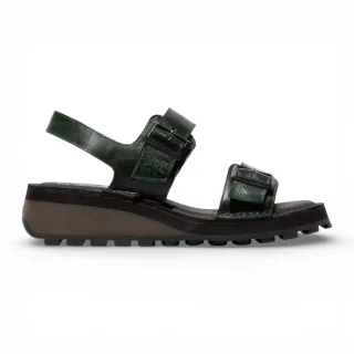 Fly London Damen-Sandalen HEIF558FLY aus petrolgrünem Leder mit Keilabsatz und Schnalle