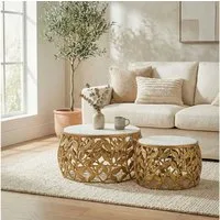 FINEBUY Satztisch FB73713 2er Set Couchtisch Gold Wohnzimmertisch Beistelltisch Marmor (Elegante Tischkombination für stilvolle Wohnräume), Zwei Größen für flexible Nutzung im Alltag