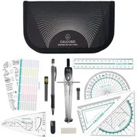 CALCUSO Zirkel Set im Federmäppchen mit Geodreieck & Lineal und Zubehör - Schwarz