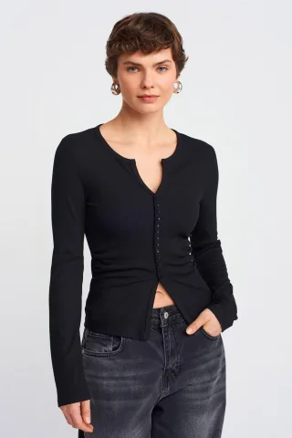 Slim Fit Rippstruktur Bluse mit Knopfleiste