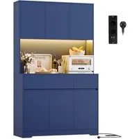 Homfa Küchenbuffet Küchenschrank mit LED Buffetschrank mit Steckdosen Hochschrank mit Arbeitsplatte, 6 Türen und Schubladen