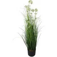 Kunstgras Kunstgras Dekogras 90 cm mit weißen Blüten Kunstpflanze Dekoration Gras, Arnusa, Höhe 90 cm, wie echt mit schweren Topf