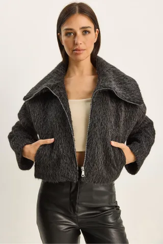 Texturierte Plüsch-Bomberjacke mit Reißverschluss