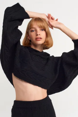Oversized Kabelstrick Cropped Kapuzenpullover