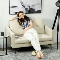 HOMCOM 2-Sitzer Polstersofa mit Armlehne, Samtoptik, Couch 1 Teile, für Wohnzimmer, Schlafzimmer, Metallrahmen, Cremeweiß