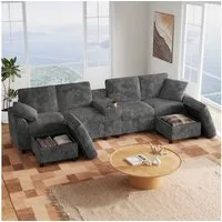 BlingBin 4-Sitzer Modernes U-förmiges Sofa aus Cord Sofa für Wohnzimmer, Arbeitszimmer, mit 2 Getränkehaltern und 2 Zierkissen, B315×H81×T135 cm 1 Teile, mit USB-, Type-C- und Steckdosen-Ladefunktion