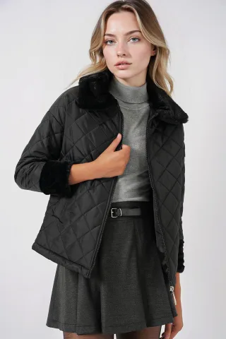 Texturierte Puffjacke mit Schal-Kragen und Kunstfell