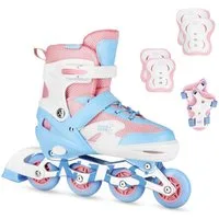 NILS EXTREME Inlineskates Inliner Weiß Moonbeam Skates verstellbare Größe + Schützer Set, Komplettset mit LED-Rollen