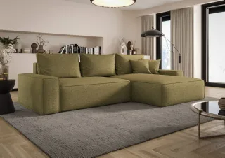 Ecksofa Schlafsofa Sofa WALKEN Stoff Aragon Olivgrün Ottomane Rechts