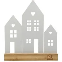 UNUS HOME Dekofigur Aufsteller Häuser Stadt (3 Häuser, weiß), Häuser-Silhouette aus Metall und Bambus-Holz Wohndekoration