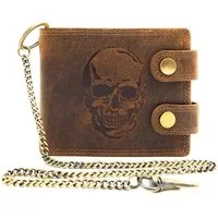 Lemasi Geldbörse echt Leder Biker Portemonnaie mit Kette und RFID Schutz Totenkopf, rustikales Büffelleder, geprägter Schädel, Skull, Skelett