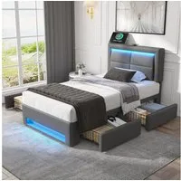 Flieks Polsterbett, LED Einzelbett 90x200cm mit USB-Anschluss und 4 Schubladen