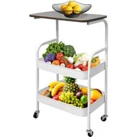 JEOBEST Küchenwagen Metallnutzungen Rollwagen, Regalwagen für Küche,Wohnzimmer, Badezimmer, 3-Tier Küchenwagen mit Tisch, Holztischplatte