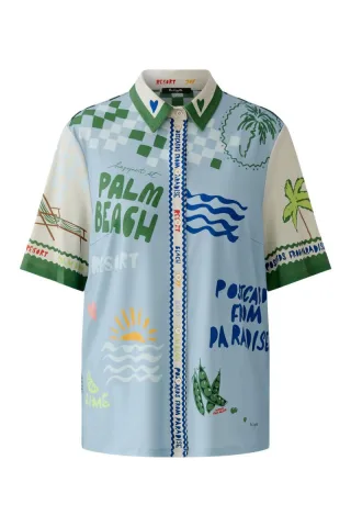 Miss Lagotte - Kurzarmbluse mit Hemdkragen und Allover-Muster blau - Gr. - 42