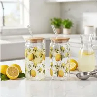 Levandeo® Glas, 2er Set Trinkglas 500ml Zitronen Strohhalm Bambusdeckel Trinkbecher
