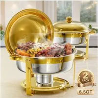 Warmounts Speisenwärmer 6,2L Buffetwärmer Edelstahl Rund Gold, (2-tlg., 6,5QT Buffet Warmhalter Set), mit Deckelhalter für Catering, Hochzeit, Party, Spülmaschinengeeignet
