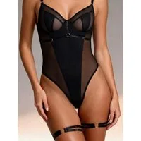 Elegant Love Body Schwarzer Mesh-Bodysuit mit Straps und Bügelcups – Sexy Lingerie (Set, 2-tlg., mit Abnehmbare Oberschenkel-Straps) Damen Dessous – Reizwäsche ideal für besondere Momente