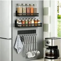BlingBin Gewürzregal magnetisch 3er Set Kühlschrank Organizer, Küchenorganizer aus Metall, 3er Set 1-tlg., Küchenorganizer ohne Bohren, 2 Ablagen und 10 Haken, Schwarz