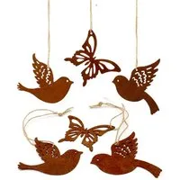 LB H&F Lilienburg Hängedekoration 6er SET Schmetterling Vogel Vögel Dekohänger Fensterhänger (Hänger Rostanhänger Rostschmuck Rostdeko Rostfigur für Hängezweig Hängeast, Metallhänger Fensterschmuck Hängedeko Dekoanhänger zum aufhängen), Fensterdeko F