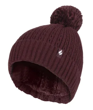 Damen-Thermokabel-Beanie-Mütze | Wärmehalter | Gestrickte Wintermütze mit Bommel | Weiche, gerippte Bommelmütze in Weinrot