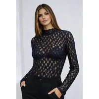 Worldclassca Spitzenshirt Worldclassca Spitzenshirt Langarm Mesh Bluse Stehkragen Lace Elegant Neue Kollektion - Stilvolle und gemütliche Mode für Damen