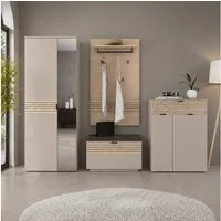 Lomadox Garderoben-Set ISCHIA-36, (Spar-Set, 4-St., Schrank Garderobenpaneel Schuhbank Schuhkommode), in Beige mit Eiche, Lamellenoptik