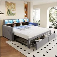 Merax Daybett 90/180×190cm mit LED-Lichtleiste und Ladeanschlüssen (Polsterbett Schlafsofa Sofabett Jugendbett Doppelbett, 1 tlg), Tagesbett mit Ausziehbett, 2 Schubladen & Kopfteil-Staufächern, Samt