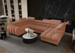 Wohnlandschaft Schlafsofa BASTIEN in Stoff Aragon Orange Ottomane Rechts