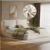 KLAM HOME Polsterbett Beiges Polsterbett aus Chenille mit gepolstertem hohem Kopfteil (Doppelbett 180x200cm mit Hydraulik-Stauraum und Lattenrost), Funktionsbett mit Unterbettstauraum für aufgeräumtes Schlafzimmer