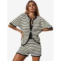 Imily Bela Hausanzug Damen Häkel 2-teiliger Set (Set, 2 tlg., Strick-Shirt + Shorts) gestreiftes