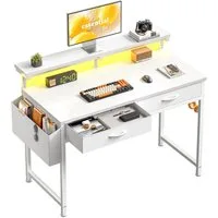 Klyvvo Schreibtisch mit LED und Stauraum, 100/120 cm Computertisch mit 2 Schubladen (1-St., Monitorständer & Seitenfach, Gaming Tisch RGB mit Fernbedienung), PC Tisch für Home Office, Büro und Jugendzimmer