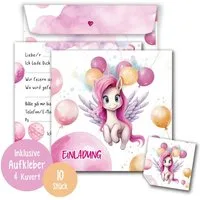 TOBJA Einladungskarten 10 Einladungskarten Einhorn inkl Umschläge und Sticker, Kindergeburtstag Mädchen Geburtstag Einladung Kinder
