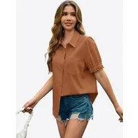 Imily Bela T-Shirt Damen Bluse mit Puffärmeln und Hemdkragen (Packung, 1-tlg., 1per-Pack) Brusttasche
