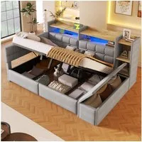 Flieks Daybett, Hydraulisches Polsterbett 140×200cm mit LED, Aufladen und Polsterbank