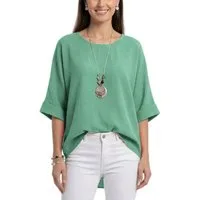 dy_mode Kurzarmbluse Damen Bluse Oversize Tunika Leichte Viskosebluse Oberteil Einfarbig in Unifarbe, High-Low Saum, mit passende Kette