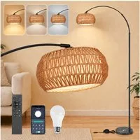 Sunicol Stehlampe Wohnzimmer Dimmbar Stehlampe Doppelter Lampenschirm mit Glühbirne, Marmorsockel, Höhenverstellbar Rattan Bogenlampe, für Schlafzimmer