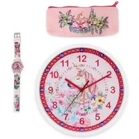 K&L Wall Art Wanduhr Mädchen Geschenk-Set: Rosa Einhorn Wanduhr + Armbanduhr + Mäppchen (stilles Uhrwerk ohne Ticken)