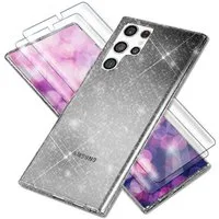 Nalia Smartphone-Hülle Samsung Galaxy S23 Ultra 17,3 cm (6,8 Zoll), Klare Glitzer Silikon Hülle / 2x Displayschutz / Glitter Bling Cover