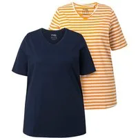 Ulla Popken T-Shirt T-Shirts 2er-Pack Ringel/uni V-Ausschnitt Halbarm