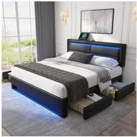 Flieks Polsterbett, LED Doppelbett 140x200cm mit USB-Anschluss und 4 Schubladen